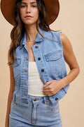 Annie Wear Collared Neck Button Down Denim Vest - Hovatok