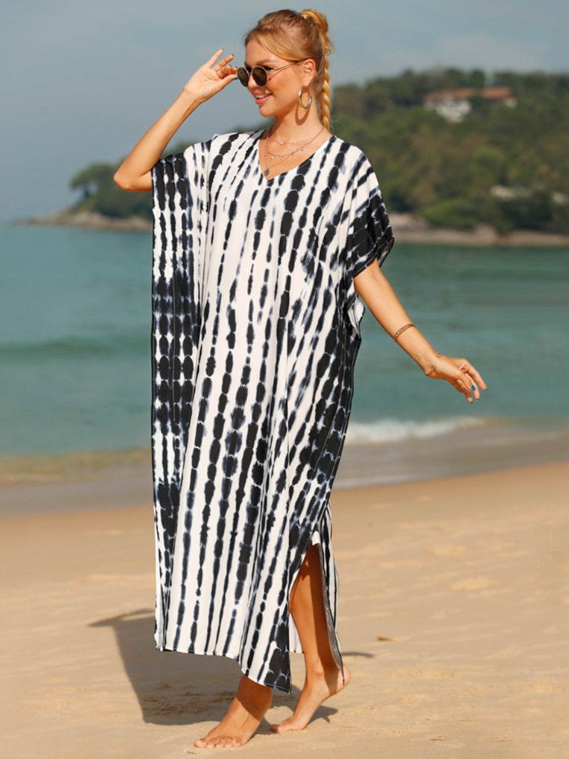 Tie-Dye V-Neck Half Sleeve Cover-Up - Hovatok