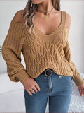 Cable-Knit Cold Shoulder Long Sleeve Sweater - Hovatok