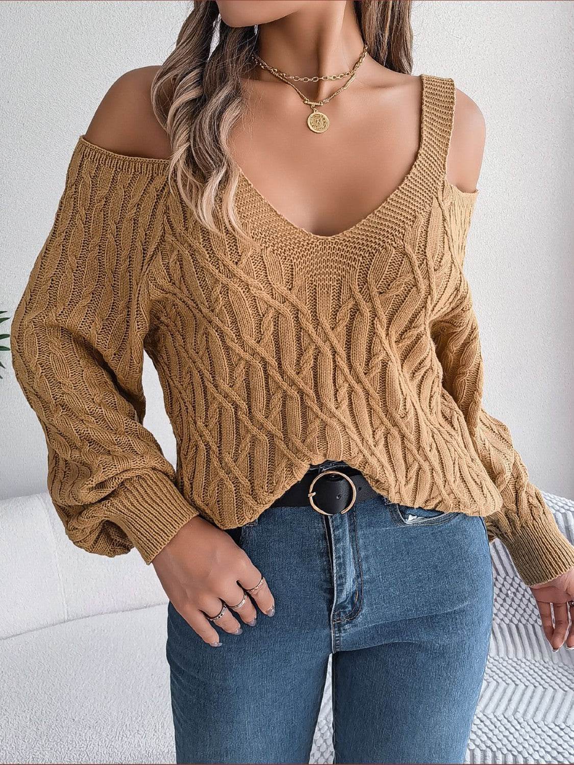Cable-Knit Cold Shoulder Long Sleeve Sweater - Hovatok
