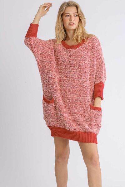 Umgee Full Size Ribbed Hem Round Neck 3/4 Sleeve Sweater Dress with Pockets Plus Size - Hovatok