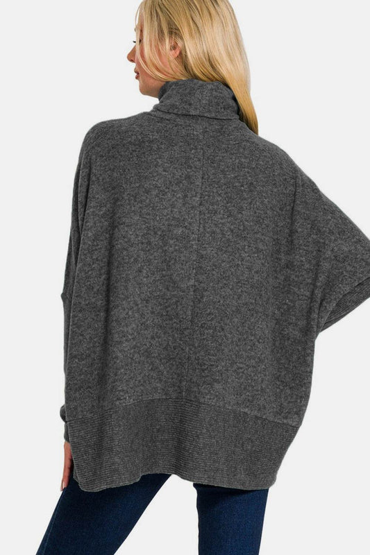 Zenana Full Size Brushed Melange Hacci Turtleneck Sweater - Hovatok