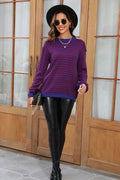 Angel Wings Striped Round Neck Dropped Shoulder Sweater - Hovatok