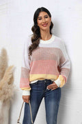Angel Wings Waffle-Knit Round Neck Dropped Shoulder Color Block Sweater - Hovatok