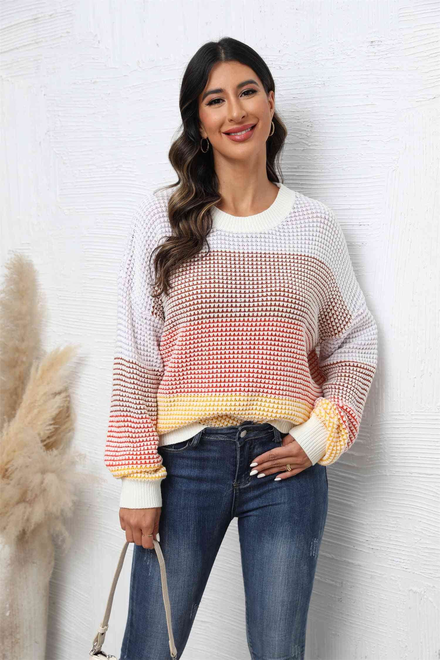 Angel Wings Waffle-Knit Round Neck Dropped Shoulder Color Block Sweater - Hovatok