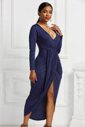 High-low Ruched Surplice Long Sleeve Dress - Hovatok