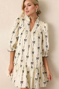 Oh Full Size Frill Bow Print Half Sleeve Mini Dress - Hovatok