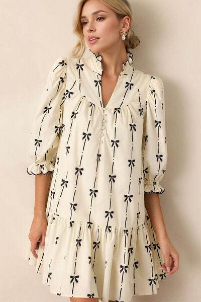 Oh Full Size Frill Bow Print Half Sleeve Mini Dress - Hovatok