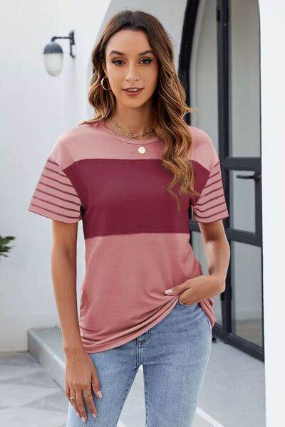Color Block Round Neck Short Sleeve T-Shirt - Hovatok