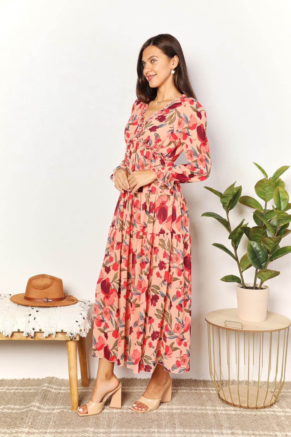 Double Take Floral Frill Trim Flounce Sleeve Plunge Maxi Dress - Hovatok