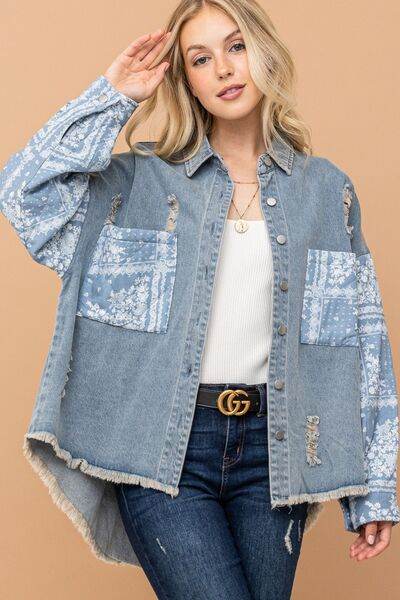 And The Why Full Size Paisley Print Quilted Sleeves Denim Jacket - Hovatok