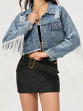 Distressed Fringe Collared Neck Cropped Denim Top - Hovatok