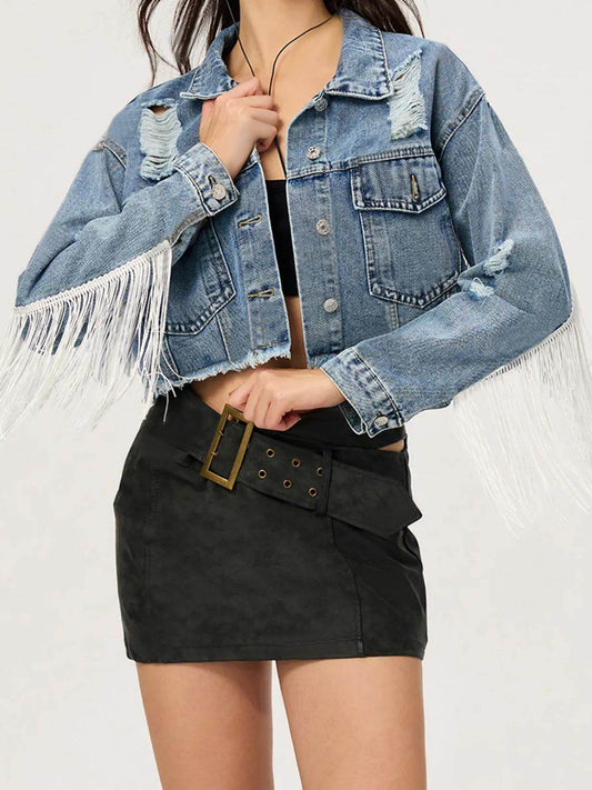 Distressed Fringe Collared Neck Cropped Denim Top - Hovatok