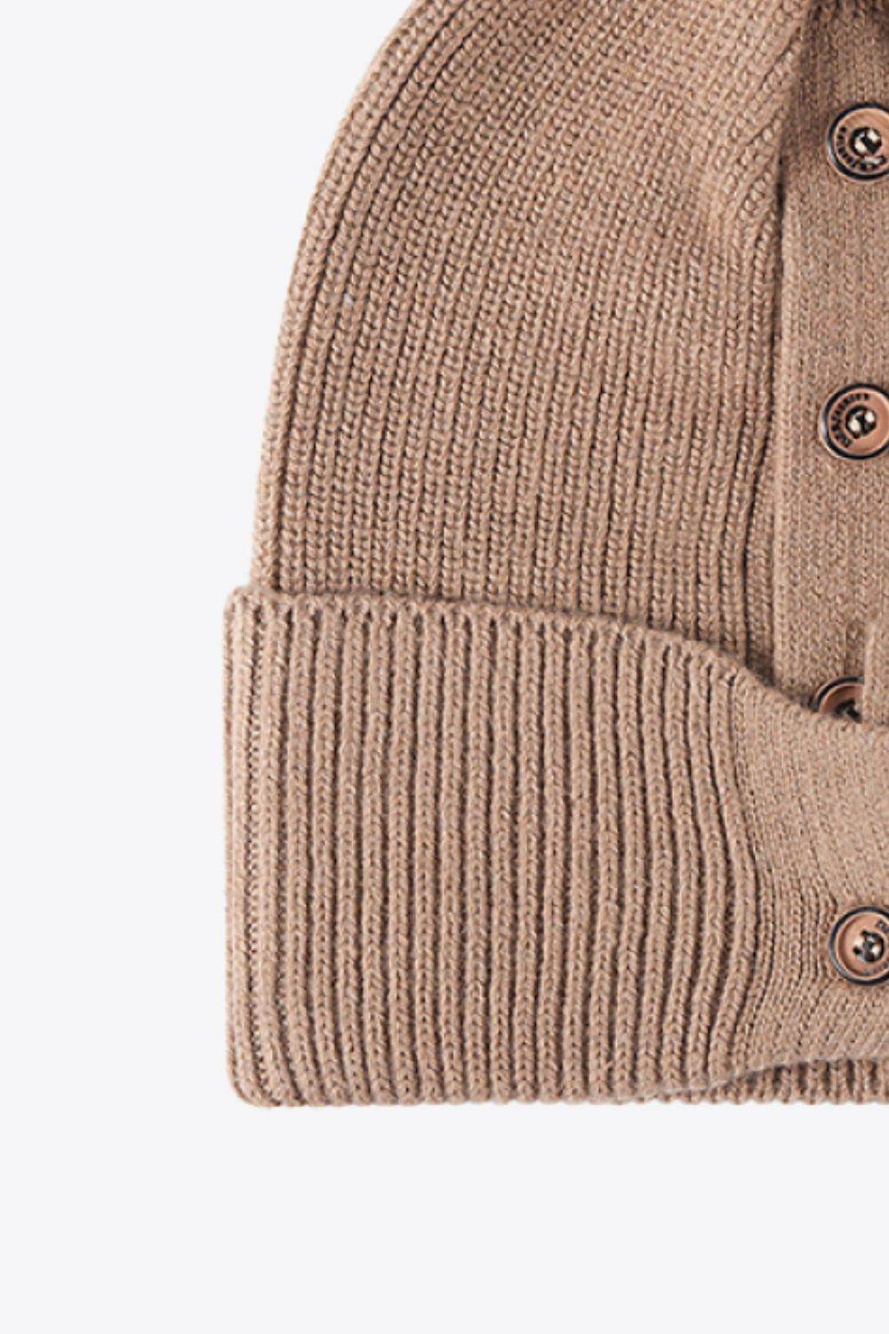 Button Detail Rib-Knit Cuff Beanie - Hovatok