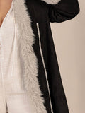Plus Size Fuzzy Trim Open Front Long Sleeve Hooded Coat - Hovatok