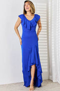 Ruffled V-Neck High-Low Dress - Hovatok