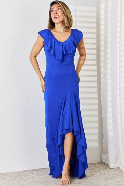 Ruffled V-Neck High-Low Dress - Hovatok