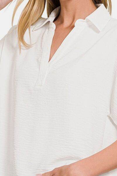 Zenana Texture Collared Neck Short Sleeve Top - Hovatok