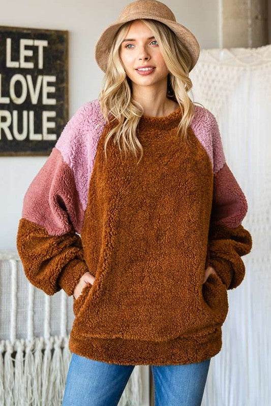 Culture Code Color Block Faux Fur Raglan Sleeve Sweatshirt - Hovatok