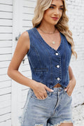 Button Down V-Neck Denim Vest - Hovatok