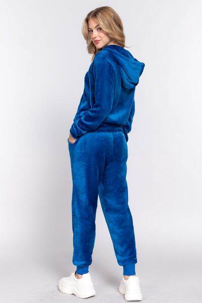 ACTIVE BASIC Faux Fur Zip Up Long Sleeve Hoodie and Joggers Set - Hovatok