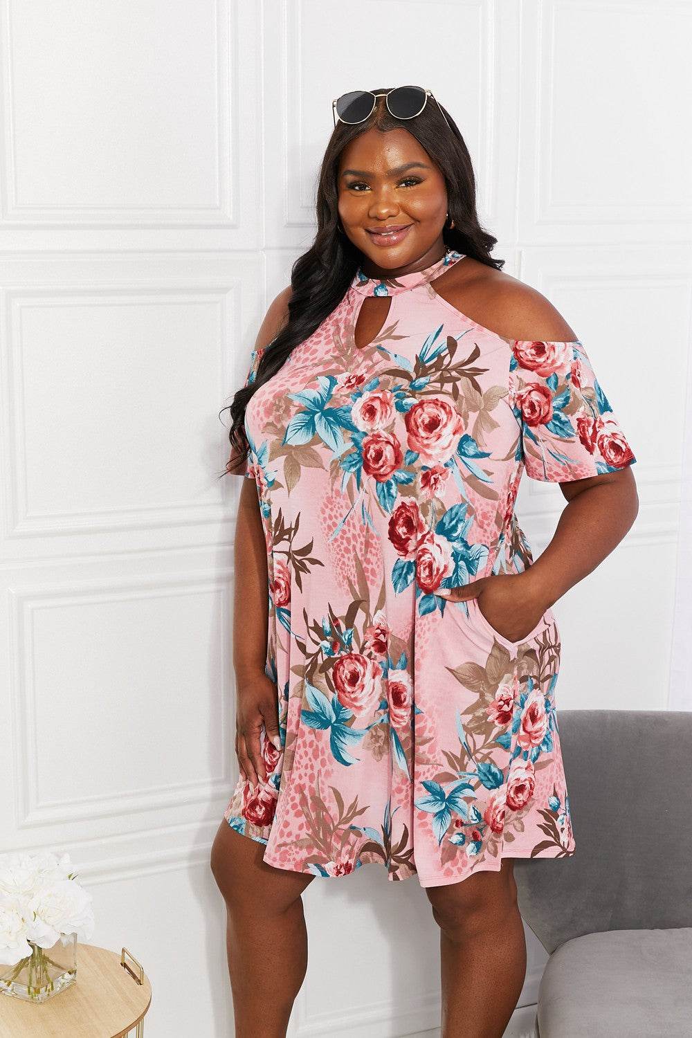 Sew In Love Full Size Fresh-Cut Flowers Cold-Shoulder Dress - Hovatok