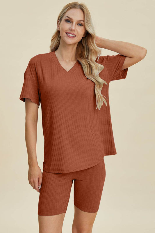 Basic Bae Full Size Ribbed V-Neck Short Sleeve Top and Shorts Set - Hovatok