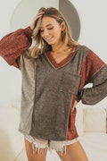 BiBi Color Block Exposed Seam V Neck T-Shirt - Hovatok