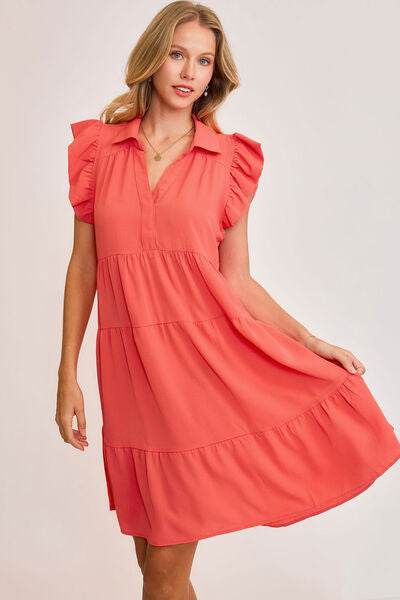 Umgee Full Size Johnny Collar Ruffle Cap Sleeve Tiered Dress Plus Size - Hovatok