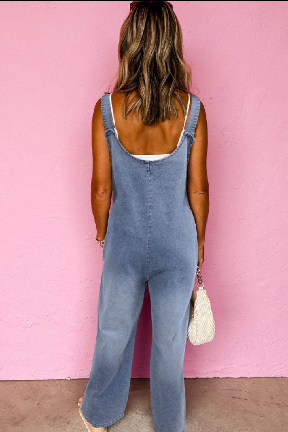 Wide Strap Denim Overalls with Pockets - Hovatok
