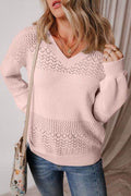 Openwork V-Neck Long Sleeve Sweater - Hovatok