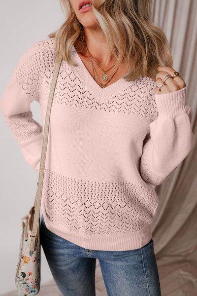 Openwork V-Neck Long Sleeve Sweater - Hovatok