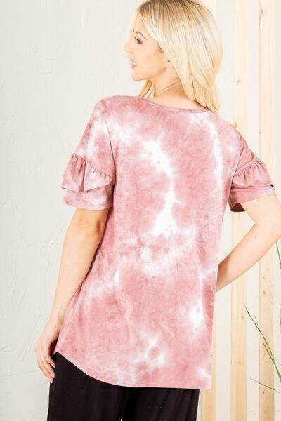 Heimish Full Size Ruffled Sleeve Tie Dye Top Plus Size - Hovatok