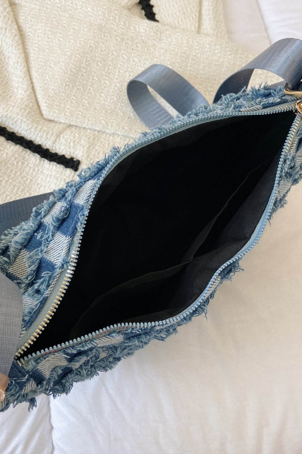 Raw Hem Checkered Denim Crossbody Bag - Hovatok