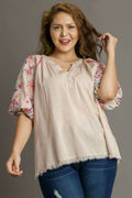 Umgee Full Size Half Button Top with Embroidery Sleeves Plus Size - Hovatok