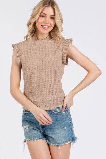 Ces Femme Texture Mock Neck Ruffle Cap Sleeve Blouse - Hovatok