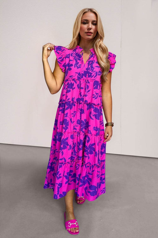 Oh Full Size Ruffled Printed Notched Cap Sleeve Midi Dress - Hovatok