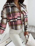Pocketed Collared Neck Long Sleeve Plaid Jacket - Hovatok