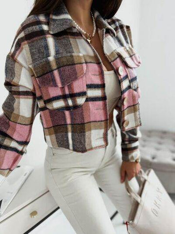 Pocketed Collared Neck Long Sleeve Plaid Jacket - Hovatok
