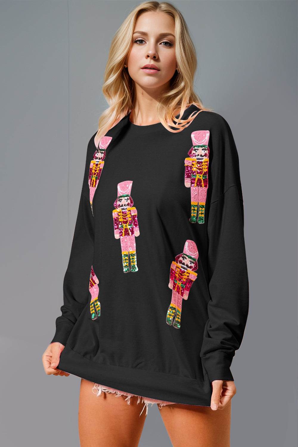 Double Take Sequin Nutcracker Round Neck Long Sleeve Sweatshirt - Hovatok