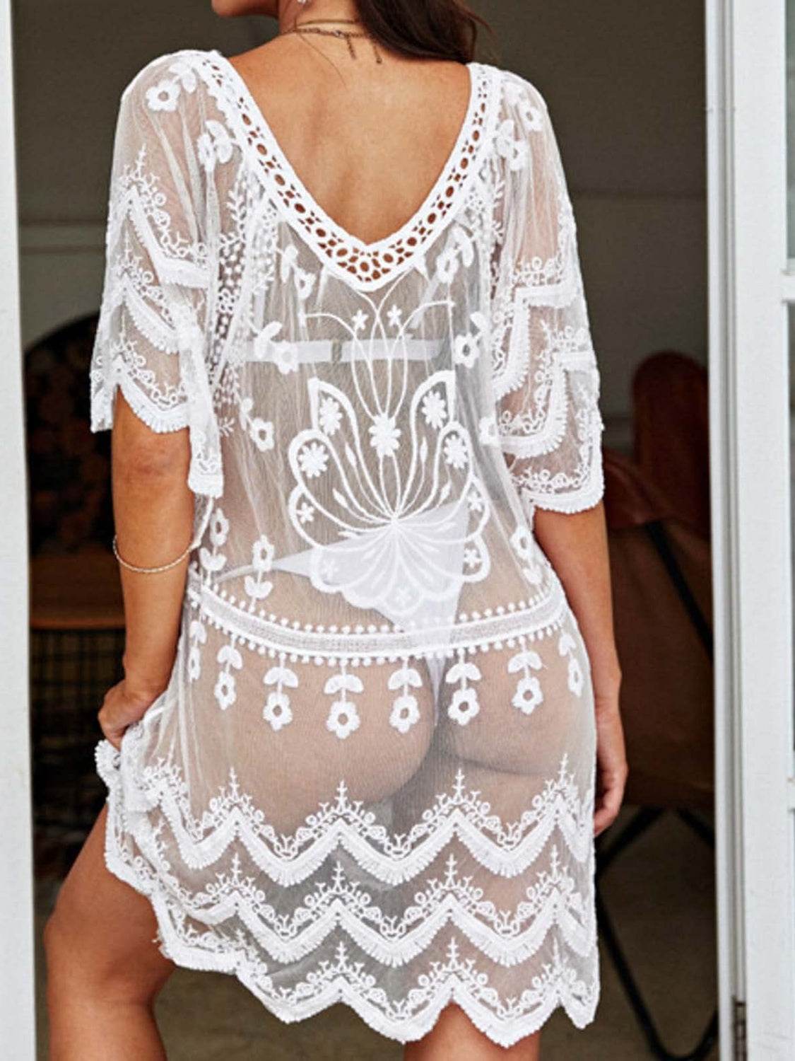Lace Round Neck Half Sleeve Cover-Up - Hovatok