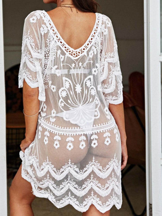 Lace Round Neck Half Sleeve Cover-Up - Hovatok