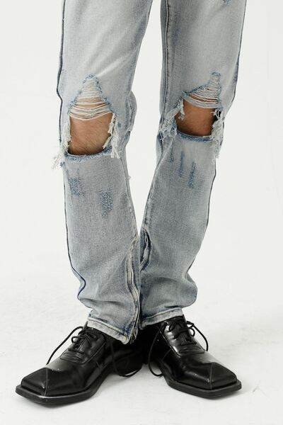 Distressed Side Zip Jeans with Pockets - Hovatok