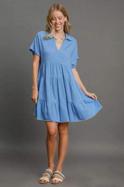 Umgee Full Size Raw Hem Folded Sleeve Tiered Dress Plus Size - Hovatok