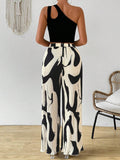 Cutout One Shoulder Top and Printed Pants Set - Hovatok