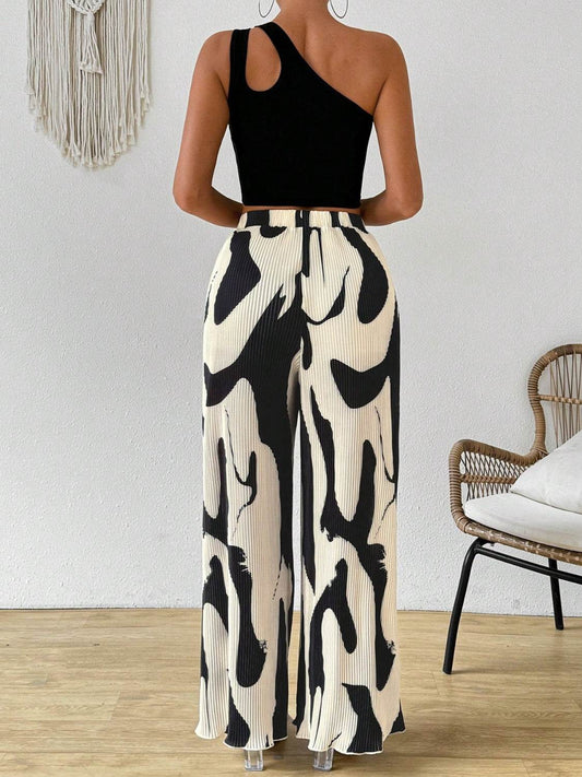 Cutout One Shoulder Top and Printed Pants Set - Hovatok