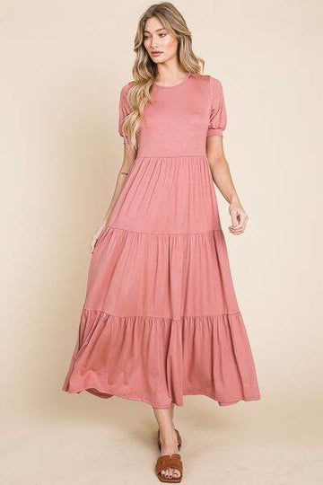 BOMBOM Short Sleeve Tiered Maxi Dress - Hovatok