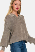 Zenana Washed Half Button Long Sleeve Sweater - Hovatok