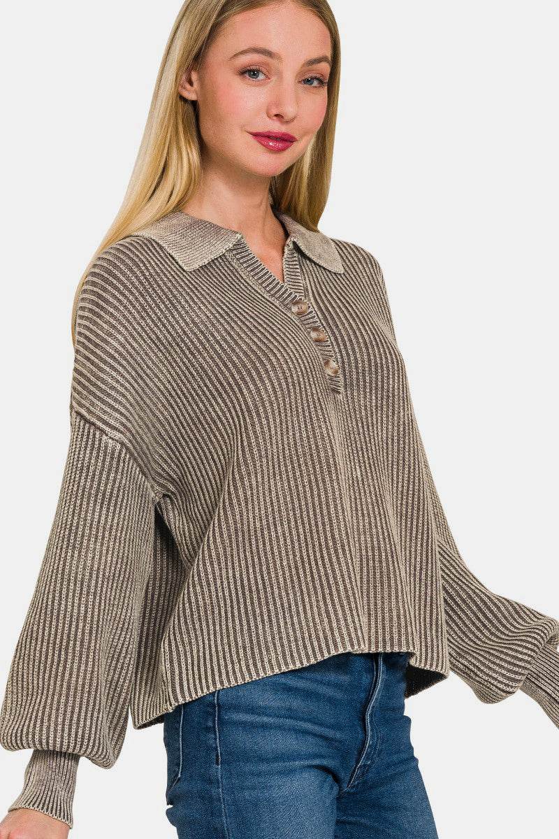Zenana Washed Half Button Long Sleeve Sweater - Hovatok