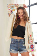 ADORA Full Size Contrast Crochet Open Front Long Sleeve Cardigan - Hovatok